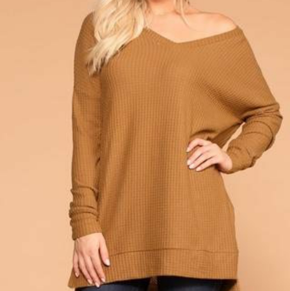 Oversized Tan V-Neck Waffle Tunic Sweater Medium